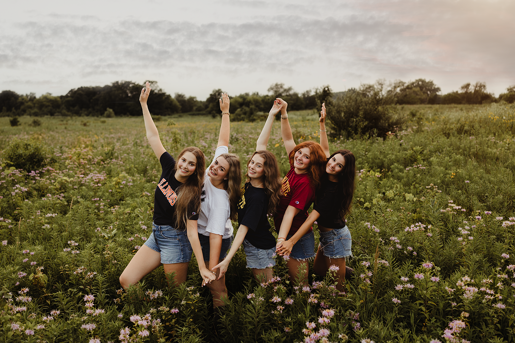 Five high school senior best friends posing together in a wildflower field during a senior photo session in Elgin, Illinois.