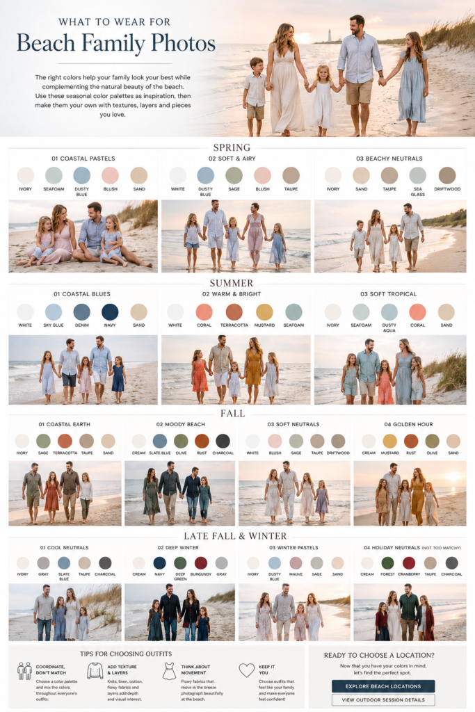 Beach family photo what to wear guide with seasonal color palettes and coordinated outfit inspiration for Chicagoland beach photography sessions.
