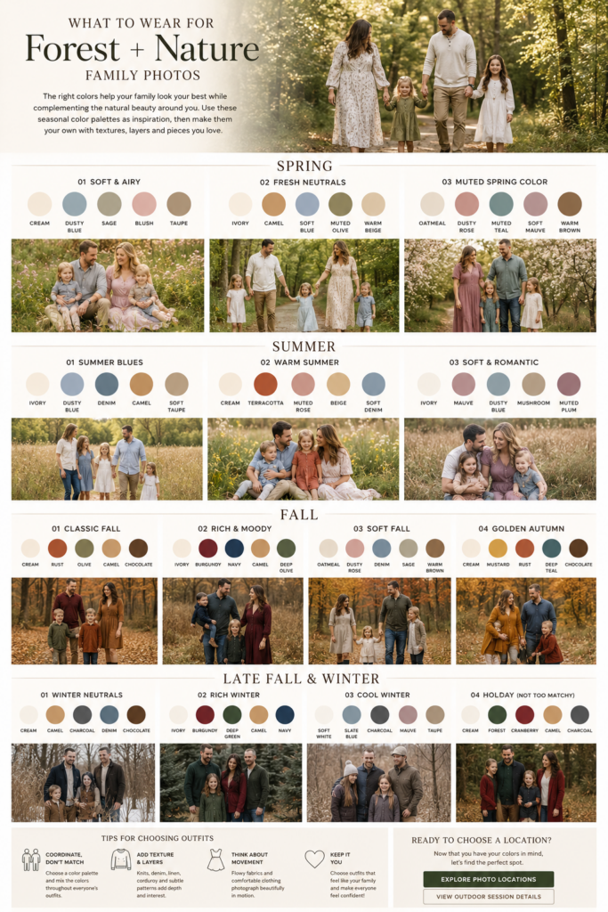 Forest and nature family photo what to wear guide with seasonal color palettes and outfit inspiration for Chicagoland family photography sessions.