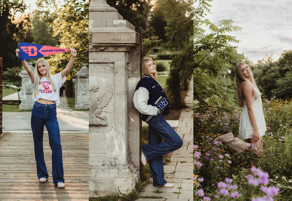 Senior picture outfit ideas featuring jeans, a varsity jacket, and a white dress
