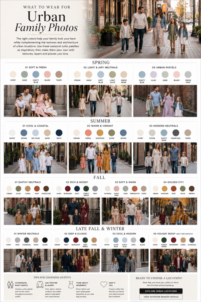 Urban family photo what to wear guide with seasonal color palettes and coordinated outfit inspiration for Chicagoland family photography sessions.